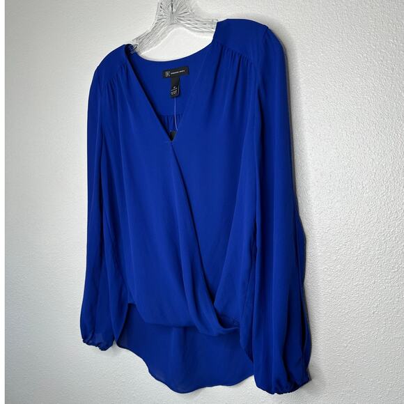 NWT INC Royal Blue VNeck Faux Wrap Long Sleeve High-Low Blouse XS - Picture 3 of 14